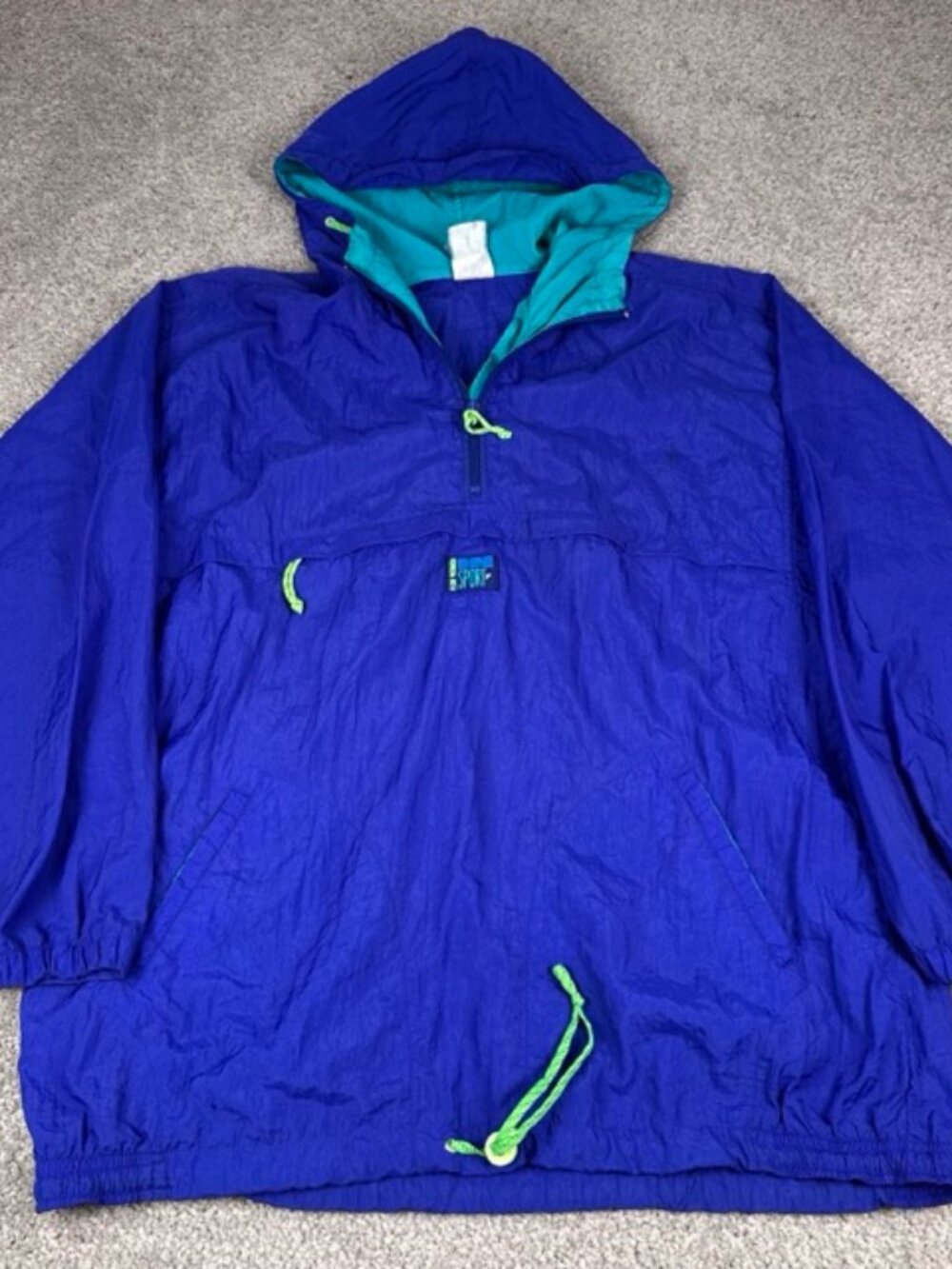 Vtg 90s In Sport Windbreaker Anorak Neon Colorblock Hood Pullover Jacket Small